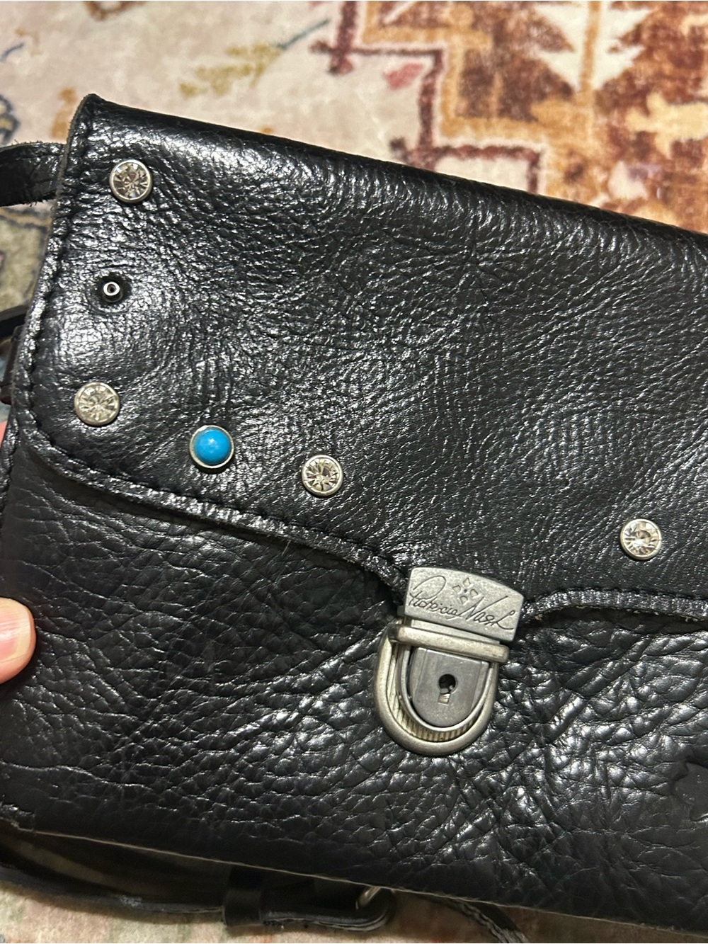 Patricia Nash Bianco black leather studded shoulder crossbody w built in wallet - Picture 5 of 15